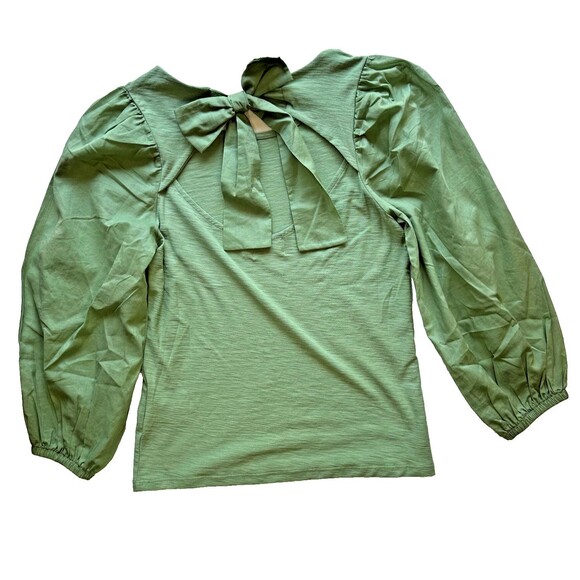 Nation LTD Shalom Tie Back Puff Sleeve Top Blouse Combo Tee XS Clover Green - Picture 12 of 12